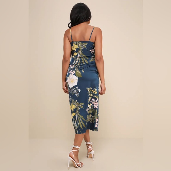Lulus Remarkable Entrance Navy Blue Floral Print Satin Midi Dress - Size M - Picture 3 of 3
